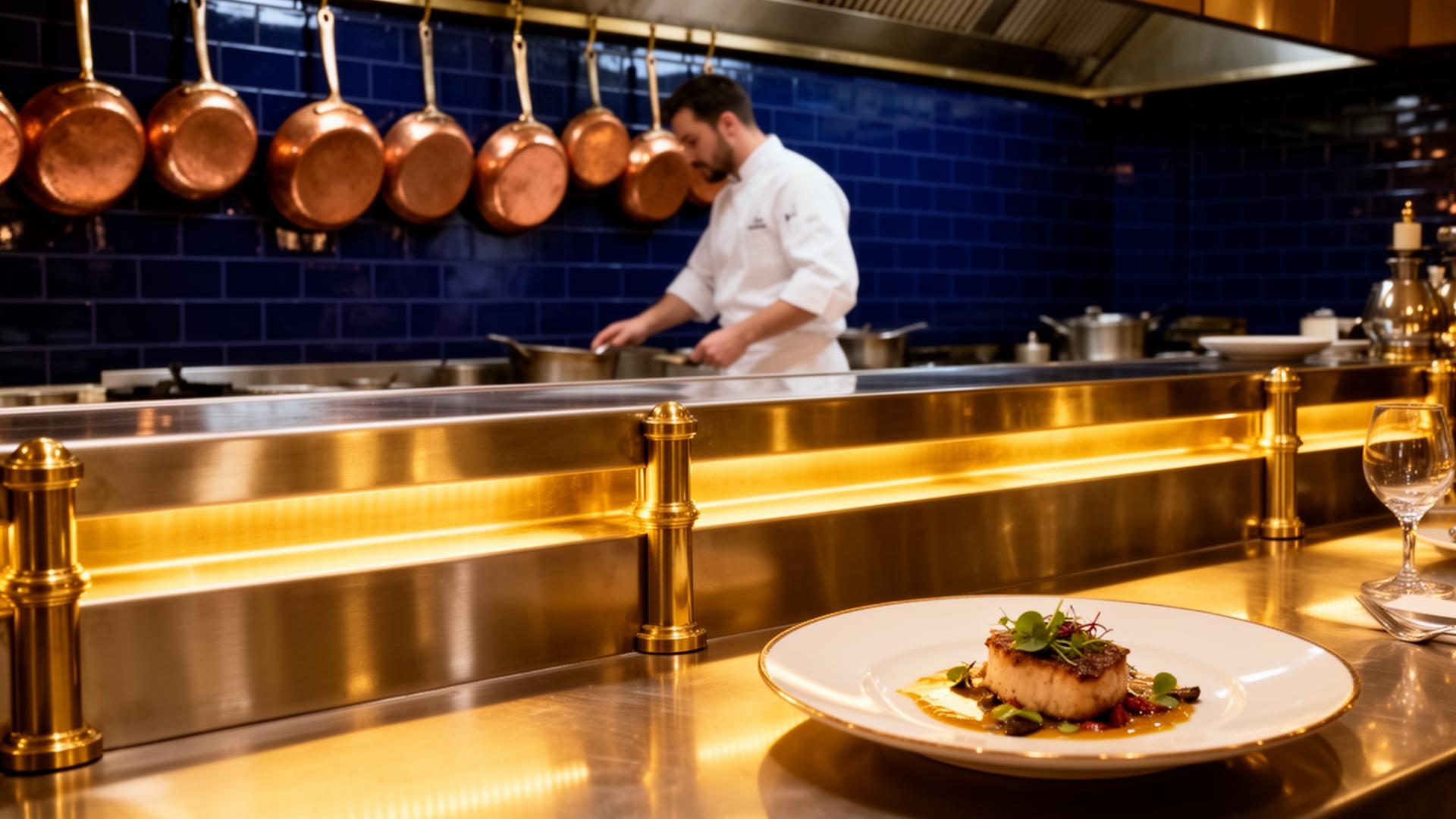 Open kitchen pass with brass details and copper pans