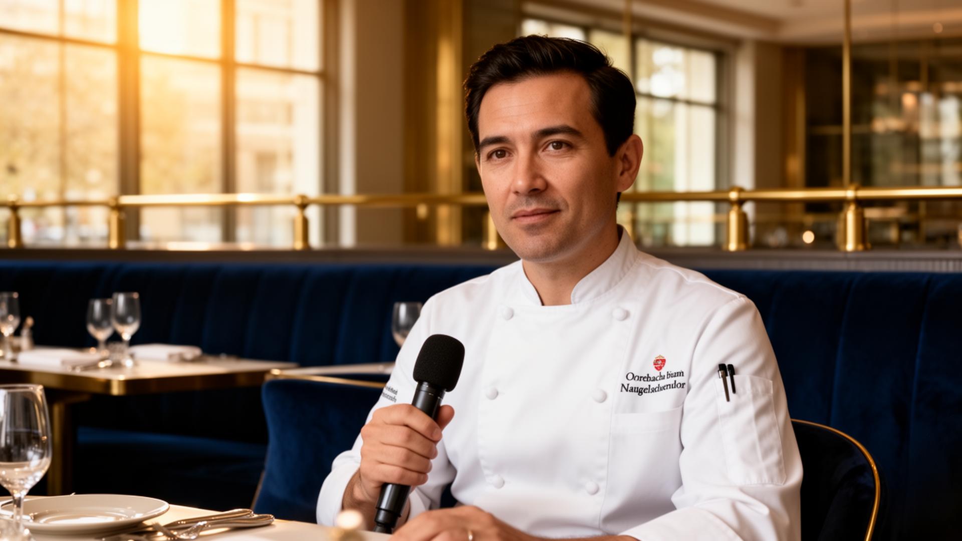 Executive chef being interviewed in a refined dining room